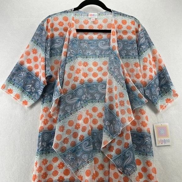 LuLaRoe Cover Up Womens Sz S Shirley Kimono Paisley Open Front Sheer Orange Blue - Picture 3 of 11